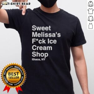 Alt Text: Official Sweet Melissa's Fck Ice Cream Shop Ithaca NY T-Shirt featuring vibrant graphic design and logo.