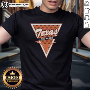 Alt Text: Hot Texas Longhorns logo with palm tree pattern inside a triangle on a stylish t-shirt, perfect for fans.