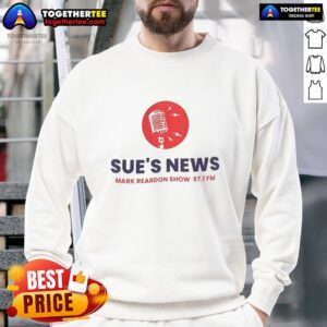 Hot Sues News Mark Reardon Show 97.1 FM sweatshirt featuring logo design, perfect for fans of the radio show.
