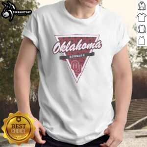 Alt Text: Oklahoma Sooners Basketball T-Shirt featuring triangle logo and palm tree pattern, perfect for fans and summer wear.