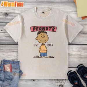 Cute Peanuts Franklin Est 1967 washed t-shirt featuring colorful graphic design and soft fabric for casual wear.