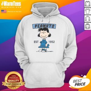 Alt Text: Cute Peanuts Lucy smile hoodie, established 1952, showcasing vibrant colors and playful design for fans of the classic comic.