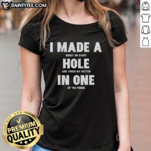 Female golfer celebrating after making a bogey on every hole, playfully tossing her putter from the ladies' tee.