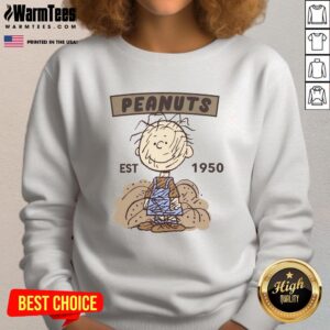 Cute Peanuts Pigpen sweatshirt established 1950 featuring Pigpen character design, perfect for fans of Peanuts comics.