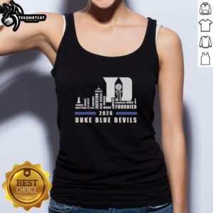 Premium 2026 Duke Blue Devils Basketball tank top featuring city skyline and all player names in stylish design.