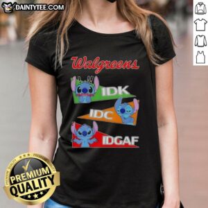 Alt Text: Cute Stitch X Walgreens Mood Tee featuring 'Idk I Don't Care IDC IDGAF' design for ladies.