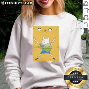 Hot Finn hugging Jake in a bro hug on Adventure Time movie sweatshirt, perfect for fans of the animated series.