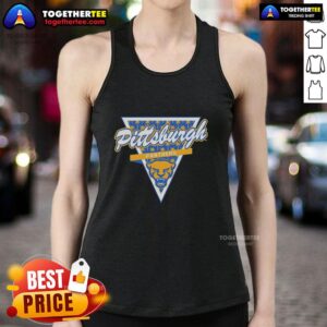 Alt Text: Stylish Pittsburgh Panthers football tank top featuring a palm tree pattern inside a triangle logo design.