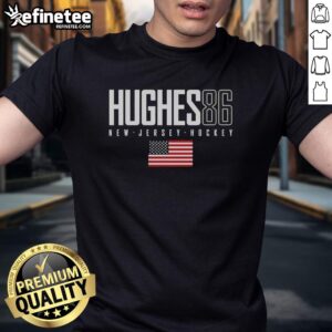 Alt Text: Original Jack Hughes 86 New Jersey Devils USA Flag Elite T-Shirt showcasing team pride and sports style.