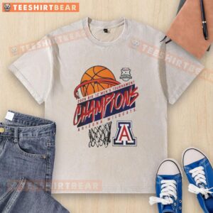Alt Text: 2026 Arizona Wildcats Big 12 Men's Basketball Conference Tournament Champions logo on a washed t-shirt.