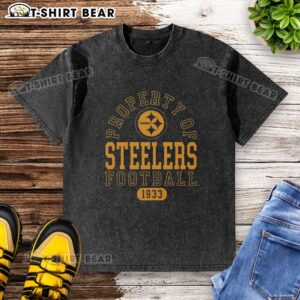 Alt Text: Vintage 1933 washed t-shirt featuring the Pittsburgh Steelers logo, perfect for fans of classic NFL apparel.