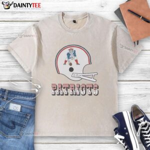 Alt Text: Awesome New England Patriots football logo on a big helmet design featured on a washed t-shirt.