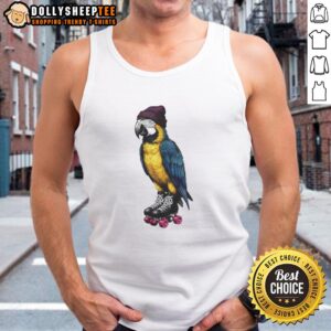 Colorful graphic tank top featuring an awesome roller-skating parrot design, perfect for casual summer wear.