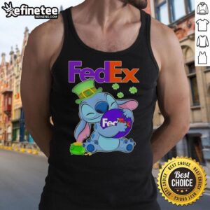 Adorable Cute Stitch hugging FedEx logo on a St. Patrick's Day tank top, perfect for festive celebrations.