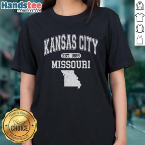 Alt Text: Official Kansas City Missouri Est 1889 Varsity Ladies Tee featuring a stylish design perfect for fans and casual wear.