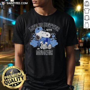 Alt Text: Snoopy wearing a Memphis Grizzlies logo t-shirt, showcasing 'Life Is Better With Memphis Grizzlies' design.