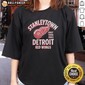 Alt Text: Top Stanleytown Detroit Red Wings 1997-1998-2002 ladies tee featuring vintage team logo and stylish design.