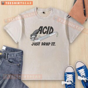 Alt Text: Cartoon eyedropper character on a washed t-shirt, showcasing 'Premium Acid' design, perfect for casual wear.