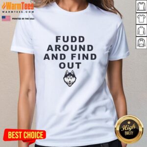 UConn Huskies ladies tee featuring 'Top Katie Fudd Around and Find Out' design, perfect for fans and casual wear.