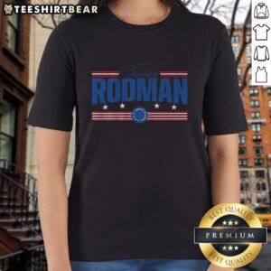Alt Text: Official Trinity Rodman Stars and Stripes Ladies Tee featuring a stylish design perfect for fans and casual wear.