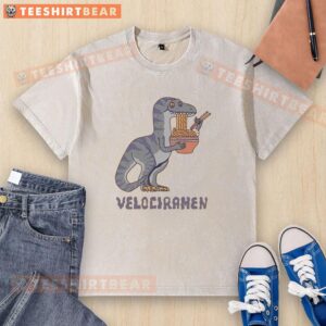 Awesome Velociramen Washed T-Shirt featuring a vibrant dinosaur graphic on a soft, vintage-style fabric.