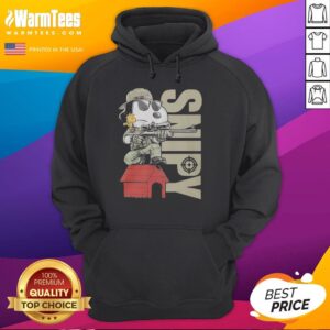 Original Snoopy Sniper and Woodstock sitting on a doghouse hoodie, perfect for Peanuts fans and cozy wear.
