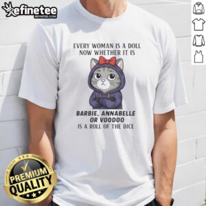 Awesome Cat t-shirt featuring women as dolls: Barbie, Annabelle, and Voodoo, showcasing a playful, whimsical design.