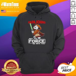Alt Text: Cute Snoopy hoodie featuring Papa John's Pizza logo and 'May the Force Be With You' design, perfect for fans.