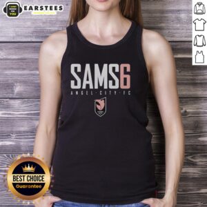 Emily Sams wearing an Awesome Sams tank top featuring the Angel City FC logo, showcasing team spirit and style.