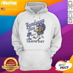 Yandy Diaz wearing an Awesome Tampa Bay Rays hoodie, showcasing team spirit and style at a baseball game.