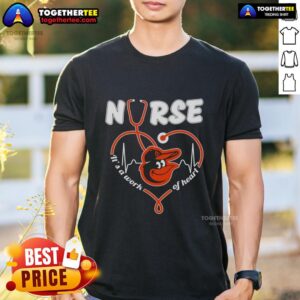 Nice Baltimore Orioles MLB Nurse 'Its A Work Of Heart' Stethoscope T-Shirt featuring a vibrant design for baseball fans.