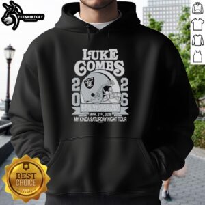 Premium Luke Combs Las Vegas 2026 tour merch featuring a Raiders helmet hoodie at Allegiant Stadium.