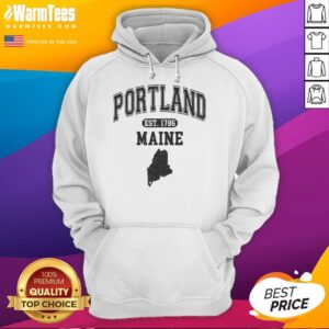 Alt Text: Good Portland Maine Est 1786 varsity hoodie in navy blue, showcasing vintage style and local pride.