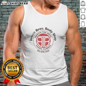 Alt Text: Brisco Bros Body Shop Drive tank top design featuring Tampa, Florida, logo and vibrant graphics for fans.