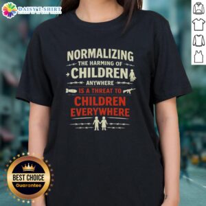 Original tee featuring the phrase 'The Harming of Children Anywhere is a Threat to Children Everywhere' for awareness.