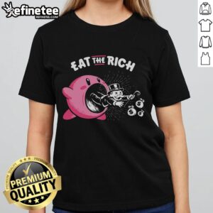 Premium Kirby Eat The Rich Ladies Tee featuring a playful design with Kirby enjoying a feast, perfect for gamers and fashion lovers.