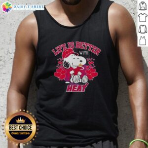 Snoopy wearing a Miami Heat logo tank top with text Life Is Better With Heat for sports fans and fashion lovers.