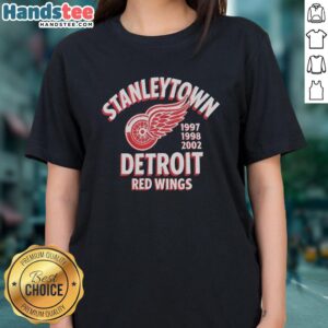 Alt Text: Official Stanleytown Detroit Red Wings 1997-1998-2002 Ladies Tee featuring vintage team graphics and comfortable fit.