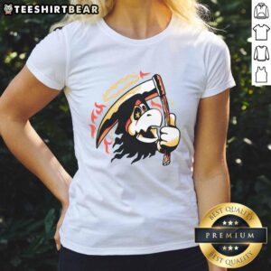 Pretty Still Kickin' Ther Reaper Ladies Tee featuring a stylish skull design, perfect for casual outfits and Halloween vibes.