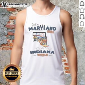 Awesome Maryland girl in Indiana world tank top featuring a state map outline, perfect for summer fashion.