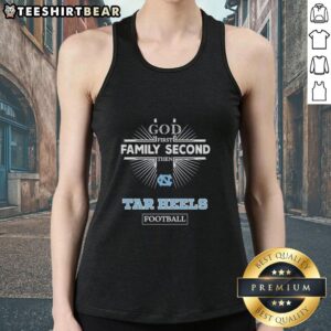 Official North Carolina Tar Heels football tank top featuring 'God First, Family Second, Then Tar Heels' design.