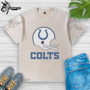 Alt Text: Hot Indianapolis Colts football logo on a big helmet graphic featured on a trendy washed t-shirt design.