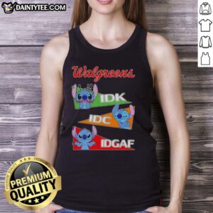Cute Stitch X Walgreens mood tank top featuring 'Idk I Dont Care IDC IDGAF' design in vibrant colors.