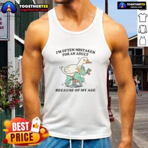 Young person wearing a 'Top I'm Often Mistaken for an Adult' duck tank top, showcasing a playful and humorous vibe.