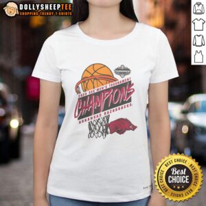 Official Arkansas Razorbacks 2026 SEC Men's Basketball Tournament Champions ladies tee featuring team colors and logo.