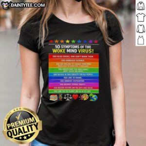 Stylish ladies tee featuring '10 Symptoms of the Woke Mind Virus' with eco-friendly themes and vibrant design.