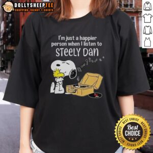 Official Snoopy tee featuring a quote about happiness and Steely Dan, perfect for music lovers and fans.