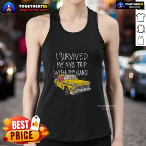 Alt Text: Group wearing 'I Survived My NYC Trip With The Gang' tank tops at a NYC landmark, showcasing fun and adventure.
