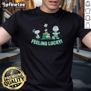 Alt Text: Official Peanuts Snoopy Feeling Lucky T-Shirt featuring Snoopy with a joyful expression, perfect for fans of the classic comic.