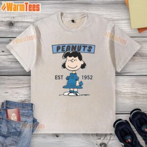 Alt Text: Cute Peanuts Lucy Smile Est 1952 washed t-shirt featuring vibrant graphic design and soft, comfortable fabric.